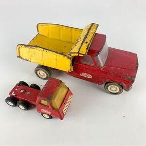Pair Vintage Tonka Red Cab Yellow Toy Pressed Steel Dump Truck Holiday Decor